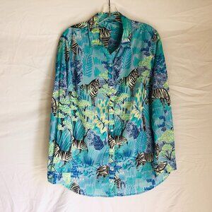 J. McLaughlin Women's Size Large Tropical Zebra Print Button Up Blouse Top Tunic